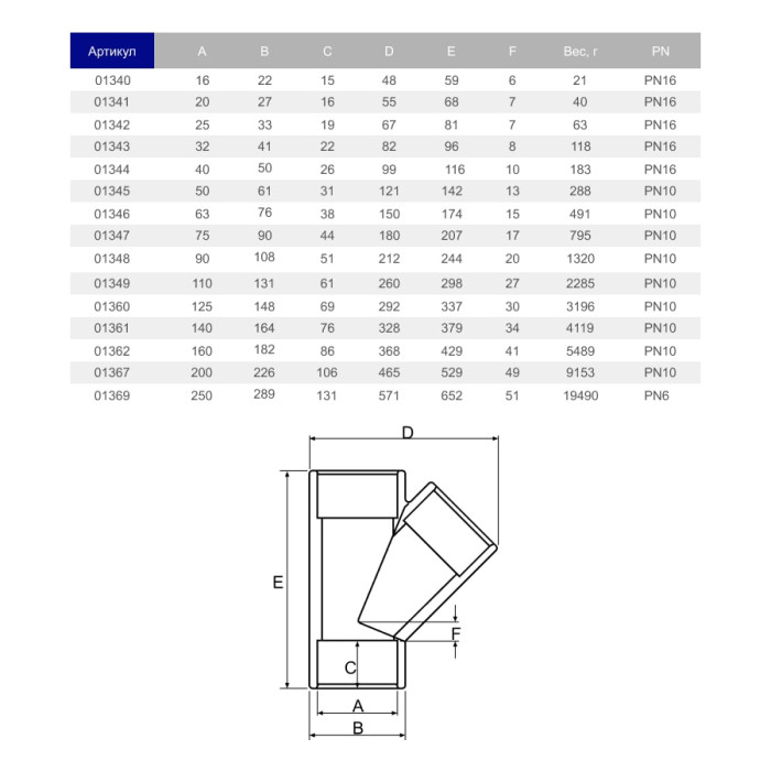 Трійник ПВХ Hidroten 1001361, 45°, d140 мм