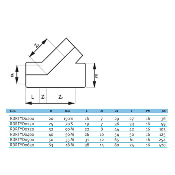 Трійник ПВХ Effast RDRTYD0500 45° клеєвий, d50 мм