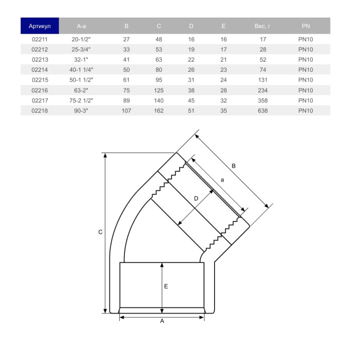 Коліно перехідне 45° ПВХ Hidroten 1002218, внутрішня різьба, d90 мм, 3"