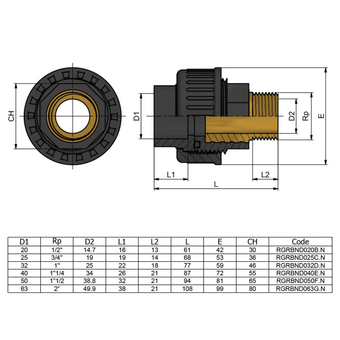 Муфта ПВХ Effast RGRBND050F.N перехідна із зовніньою різьбою, латунь d50x1-1/2"