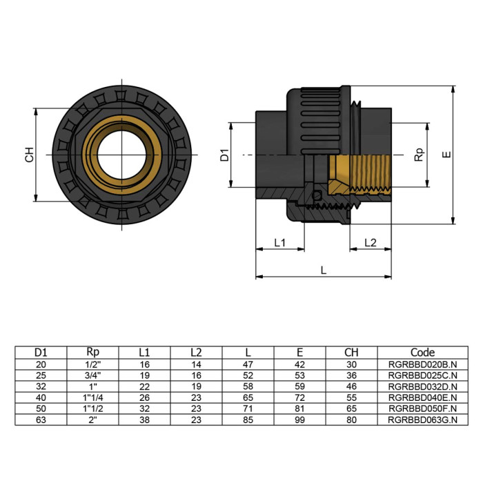 Муфта ПВХ Effast RGRBBD032D.N перехідна, з внутрішньою різьбою d32x1"