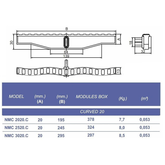 Переливна решітка Kripsol NMC 2520.C з центральним з'єднанням 245х20 мм